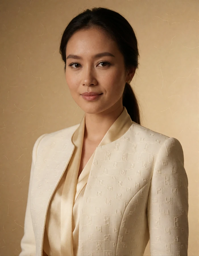 Burmese woman in a tailored ivory jacket with a composed confident expression against a plain warm backdrop