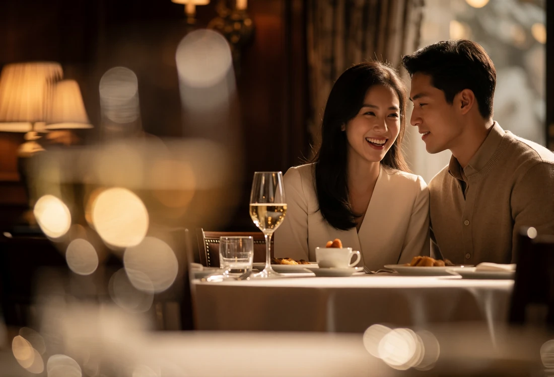 Couple laughing together at a refined restaurant table in warm evening lamplight