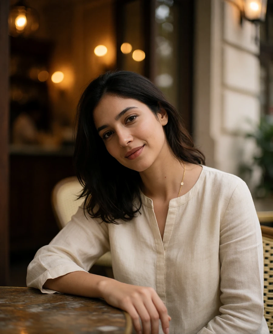 Pakistani woman in a cream linen tunic seated at an outdoor cafe table in soft diffused daylight
