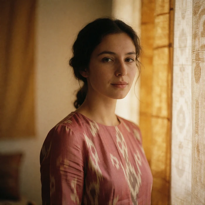 Uzbek woman in a muted rose silk dress with ikat patterning inside a quiet textile atelier