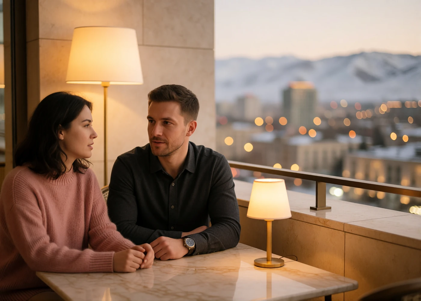 Kazakh woman and Western man in relaxed conversation at a marble table on a city balcony at dusk