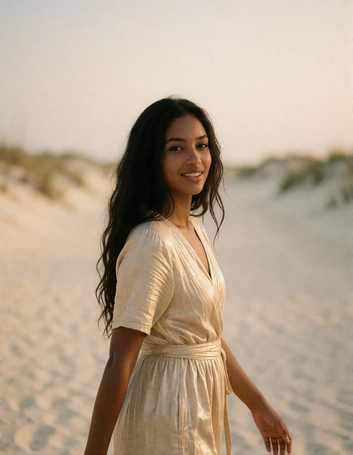 Young Maldivian woman in a sand-colored wrap dress walking along a quiet sandy path and glancing back with a smile