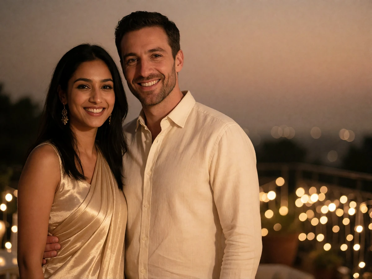 Indian woman and her partner standing close together on a warmly lit outdoor terrace in the evening, smiling openly