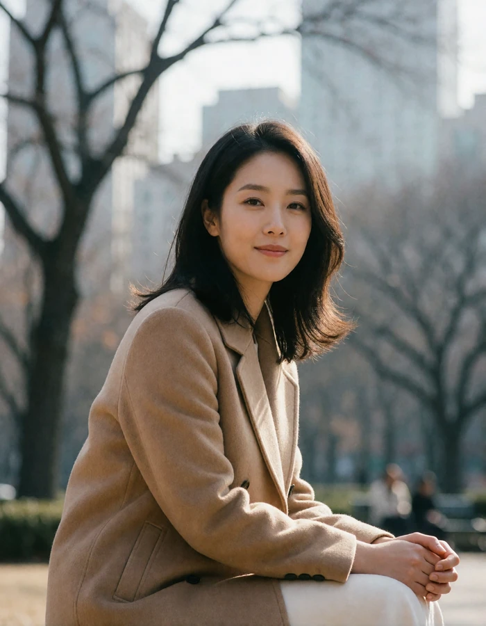 Korean woman around thirty in a camel coat seated on a park bench, offering a gentle candid smile