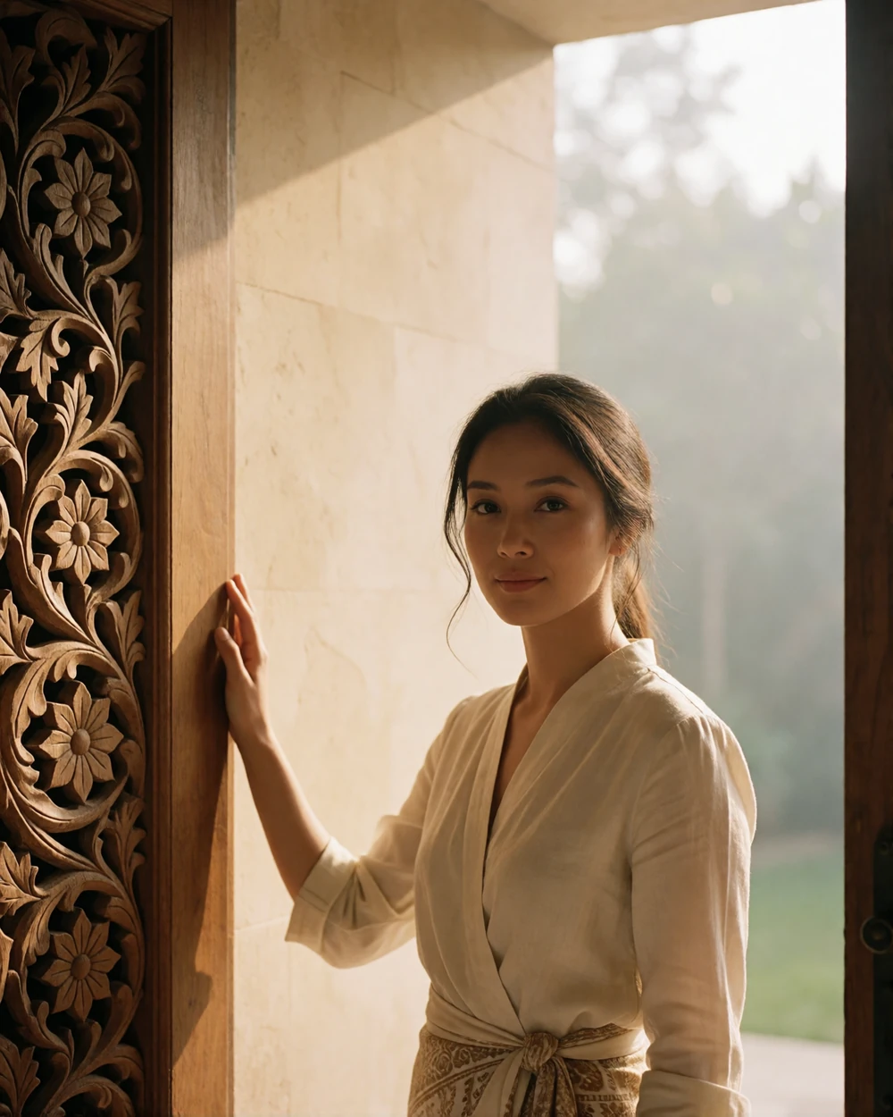 Indonesian woman in an ivory blouse standing in a sunlit teak villa doorway with a calm, friendly expression