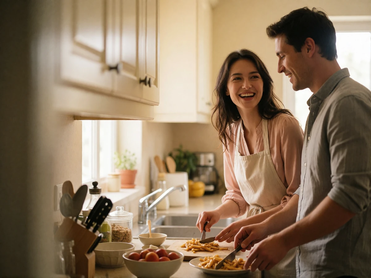 Kyrgyz woman and her partner laughing together while preparing food at a bright kitchen counter
