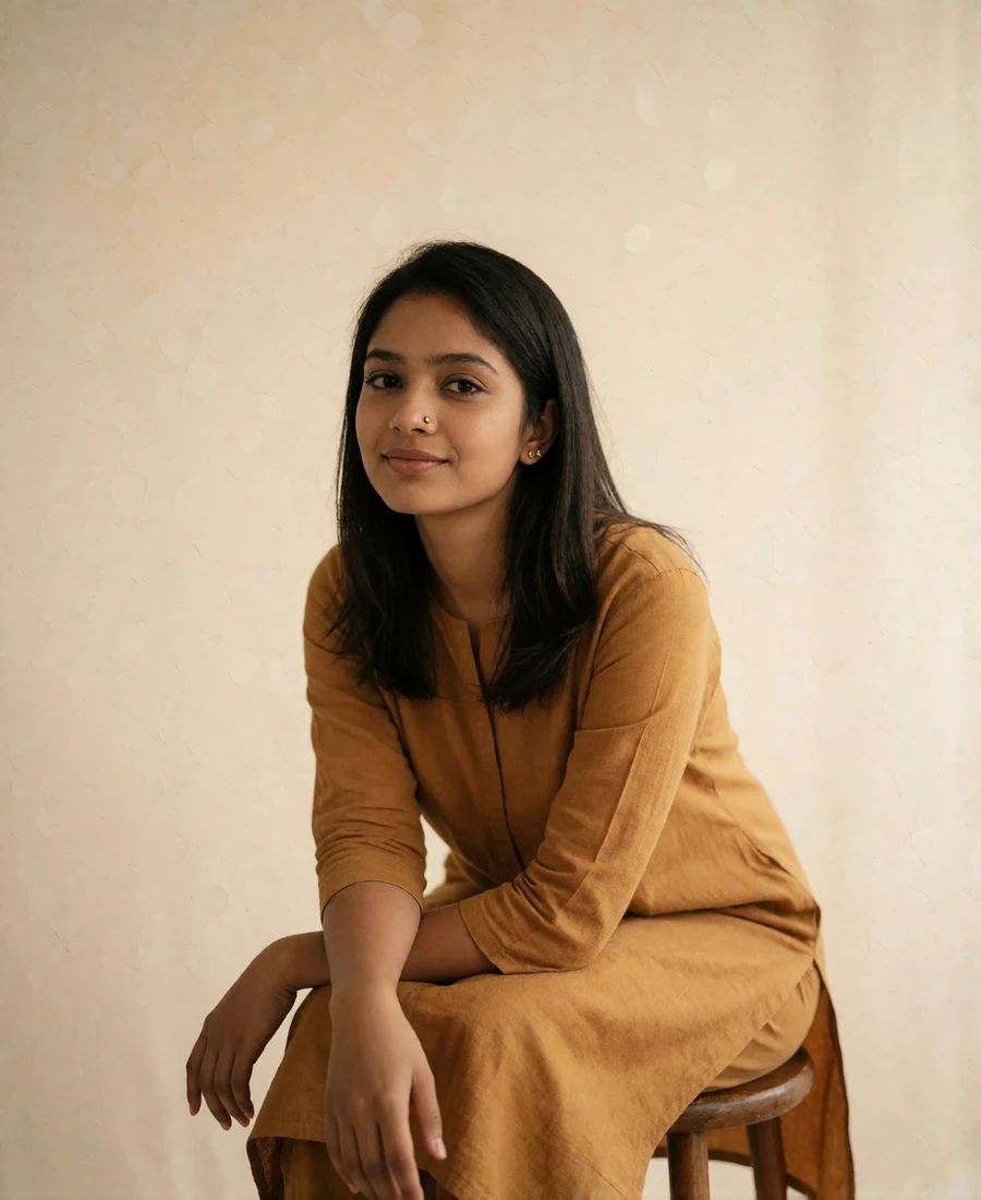 Bangladeshi woman in a muted ochre kurta seated on a wooden stool with a calm confident expression