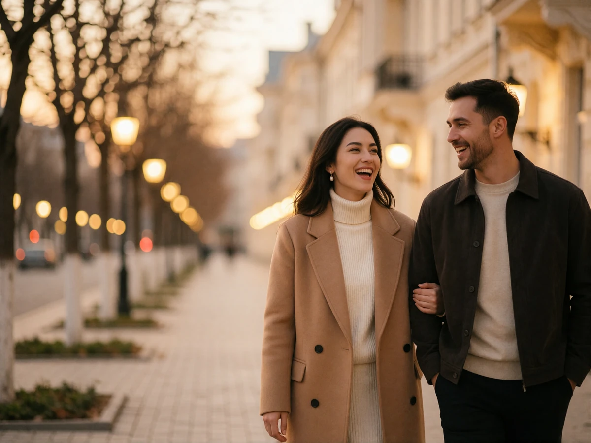 Kazakh woman and a Western man walking side by side along a tree-lined boulevard in early evening