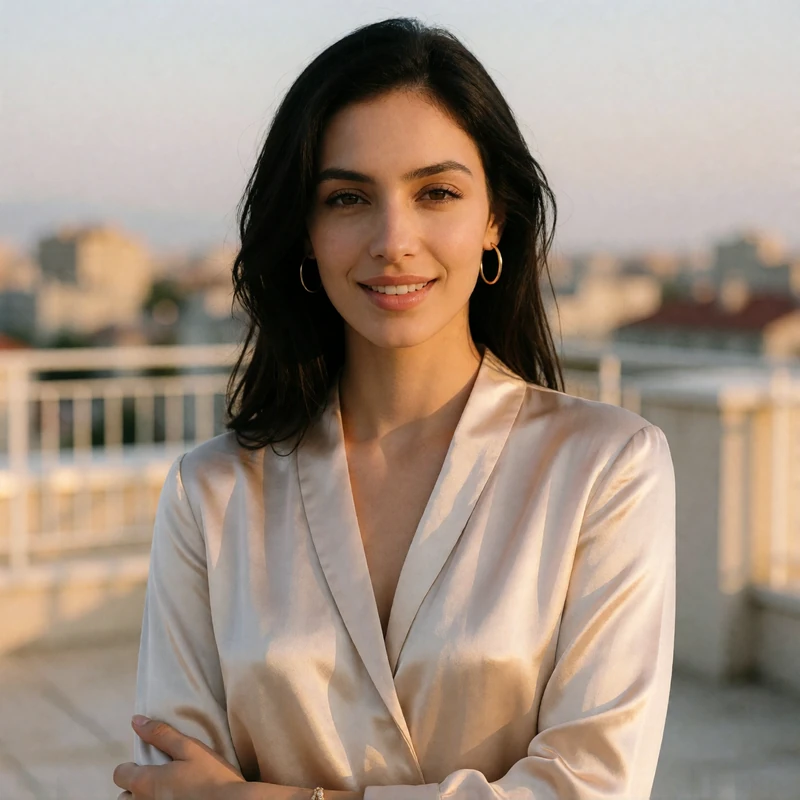Armenian woman in a pale champagne blouse standing on a city terrace at golden hour