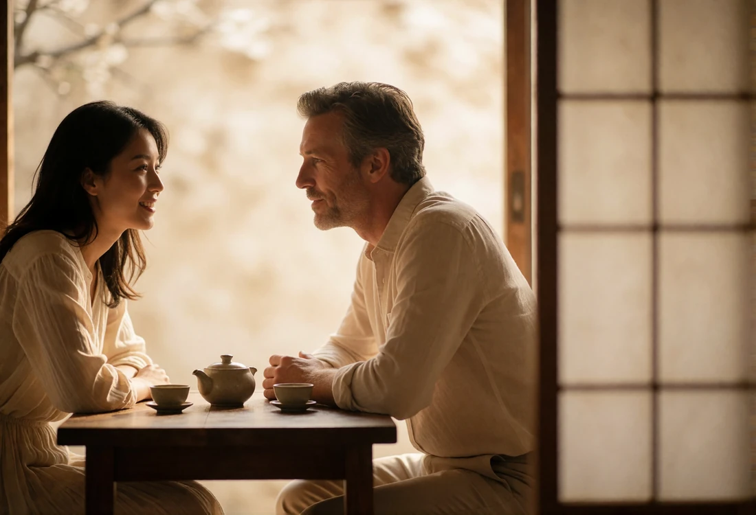 Anonymous couple sitting across a low wooden tea table in warm afternoon light, mid-conversation