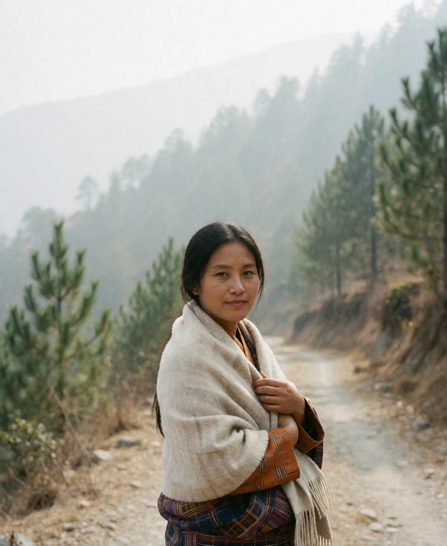 Bhutanese woman in a saffron and indigo woven wrap standing on an open valley path with misted pine slopes behind her
