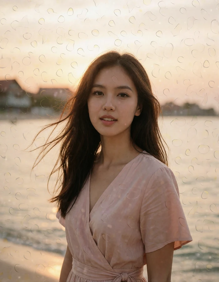 Thai woman in a pale rose wrap dress standing by the sea at dusk with a glowing horizon behind her