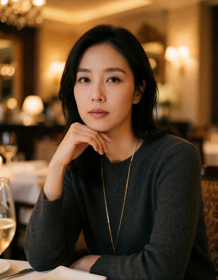 Korean woman in a charcoal knit top resting her chin on her hand at an upscale restaurant table