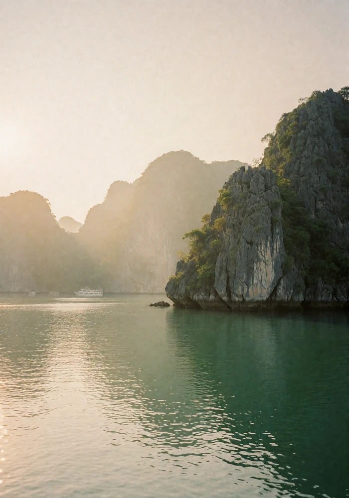 Limestone karst islands rising from calm emerald water in a Vietnamese bay at sunrise
