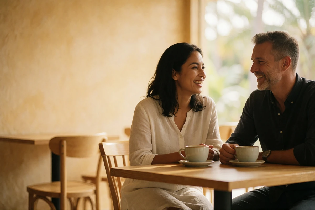 Couple seated across a small wooden table in a bright teahouse, laughing mid-conversation