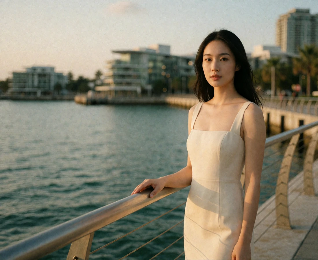 Elegant woman at a waterfront promenade railing in Singapore with a blurred harbor skyline behind her