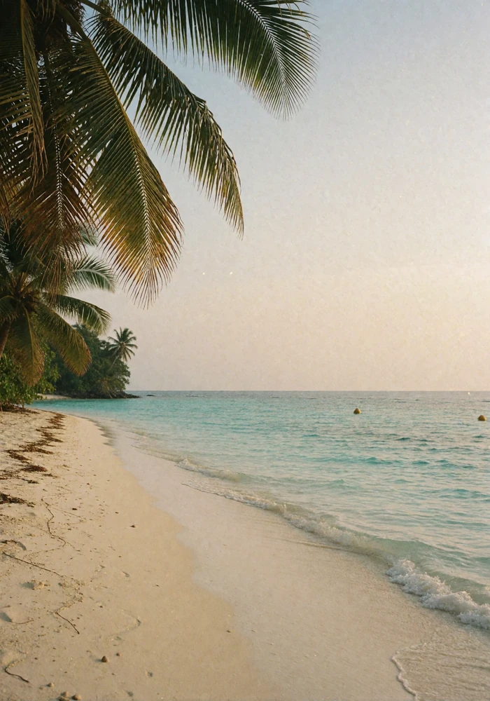 Turquoise shallows meeting white sand under palm fronds on a quiet Philippine coastline