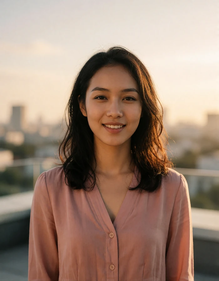 Indonesian woman in a rose blouse smiling on a Jakarta rooftop terrace at golden hour