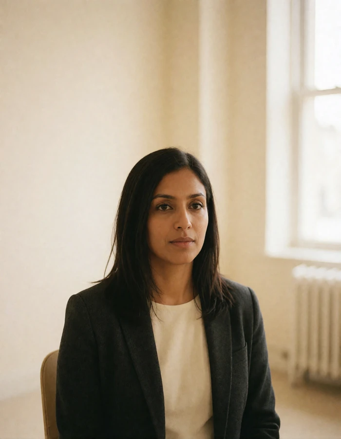 Indian woman with straight dark hair in a charcoal blazer seated in a bright sparse room with a composed expression