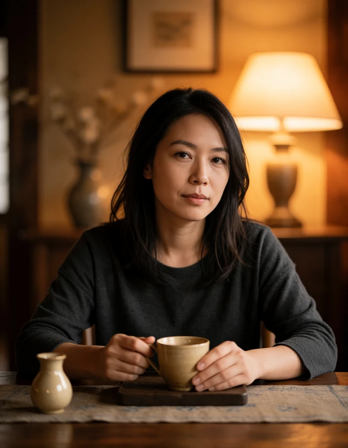 Taiwanese woman holding a ceramic tea cup at a small table in warm lamplight