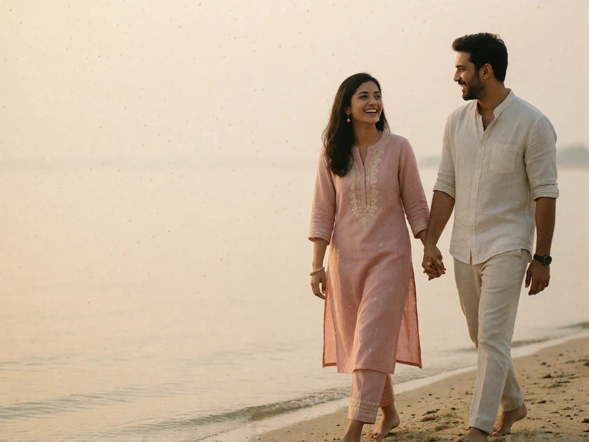 Indian woman and her partner walking along a quiet morning shoreline, hands linked and laughing together