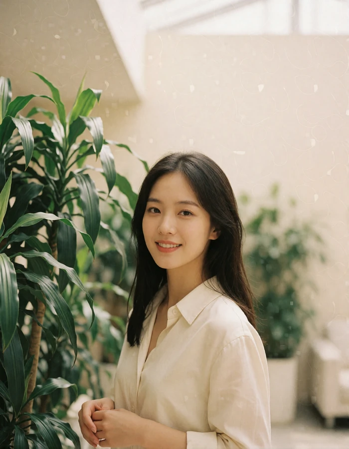 Young Korean woman in an ivory shirt standing beside tall green plants in a bright interior