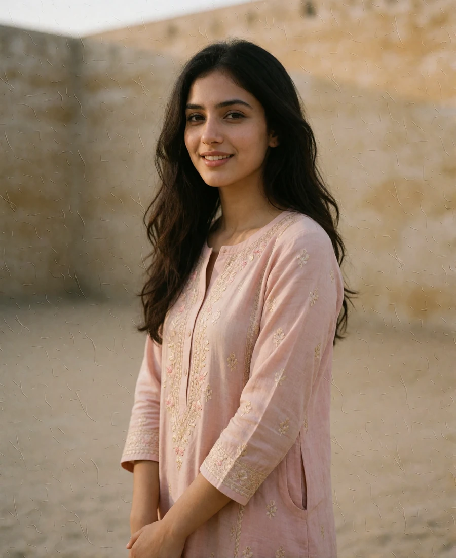 Young Pakistani woman in a pale rose embroidered kurta standing in warm late-afternoon light beside a sandstone wall