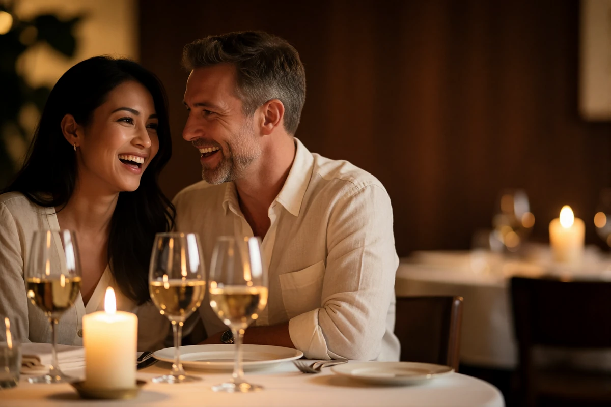Couple laughing together at a candlelit fine-dining table, illustrating a first in-person meeting after months of messaging