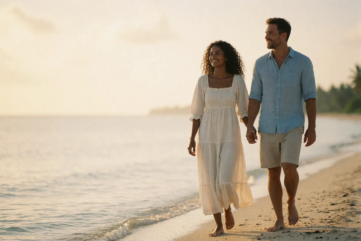 Couple walking barefoot along a quiet sandy shoreline at golden hour, illustrating a first in-person meeting