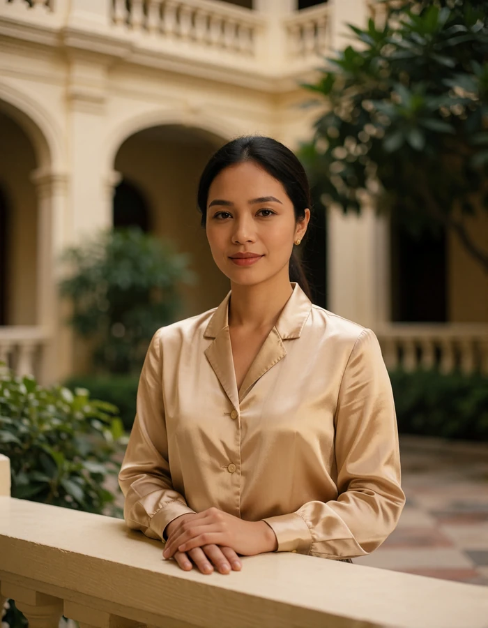 Cambodian woman in a champagne silk blouse resting a hand on a low wall in a quiet hotel courtyard