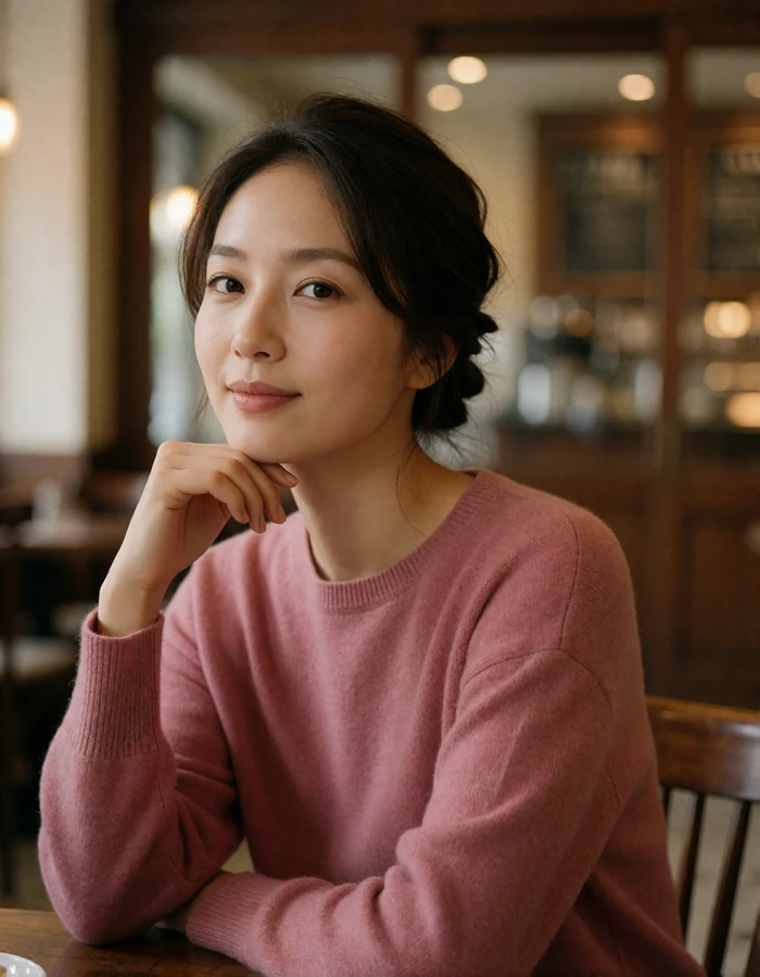 Japanese woman in a muted rose cashmere top resting her chin on her hand inside a warm café interior