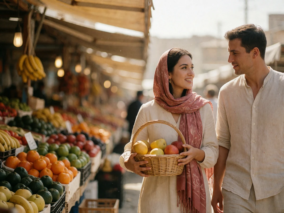 Tajik woman and her partner walking through a sunlit open-air market lane, carrying a basket of fruit