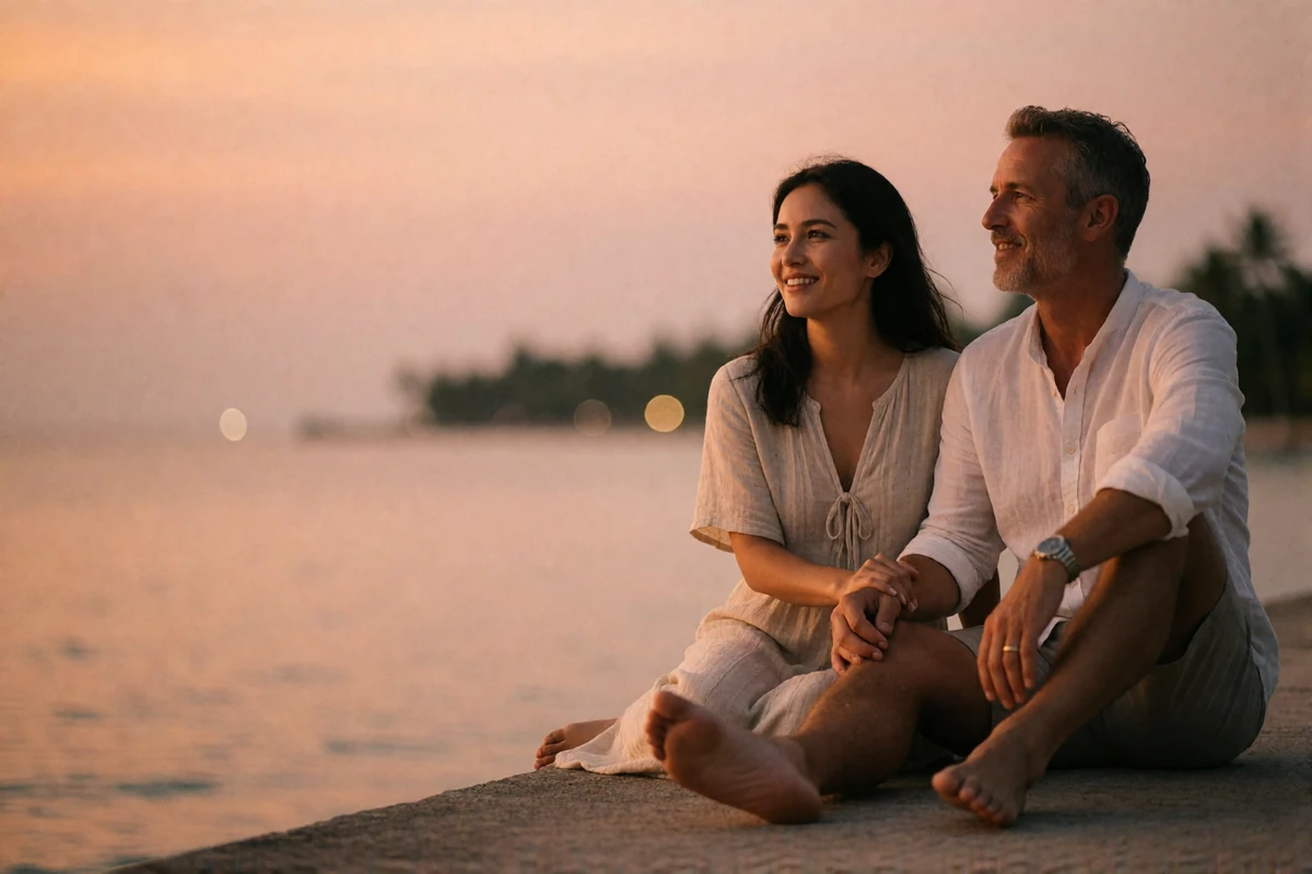 Couple walking hand in hand along a tropical waterfront promenade at dusk, representing the stage after a first international meeting