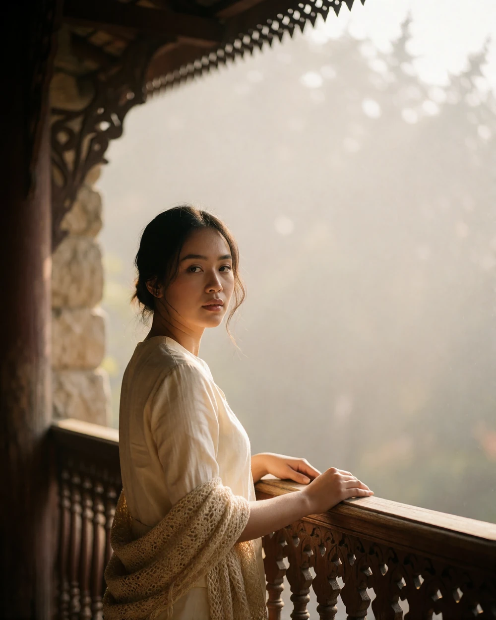 Burmese woman in an ivory blouse standing on a shaded wooden terrace, glancing back toward the camera