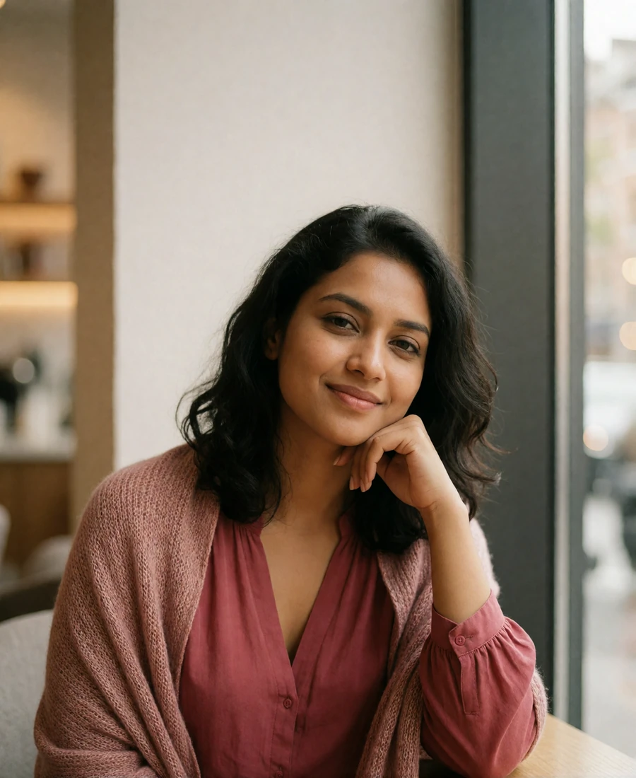 Bangladeshi woman in a deep rose blouse sitting by a cafe window with a soft amused smile