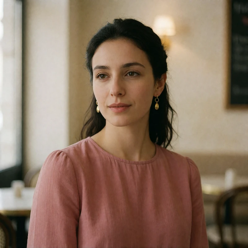 Armenian woman in a muted rose blouse with a thoughtful expression inside a warm-lit café