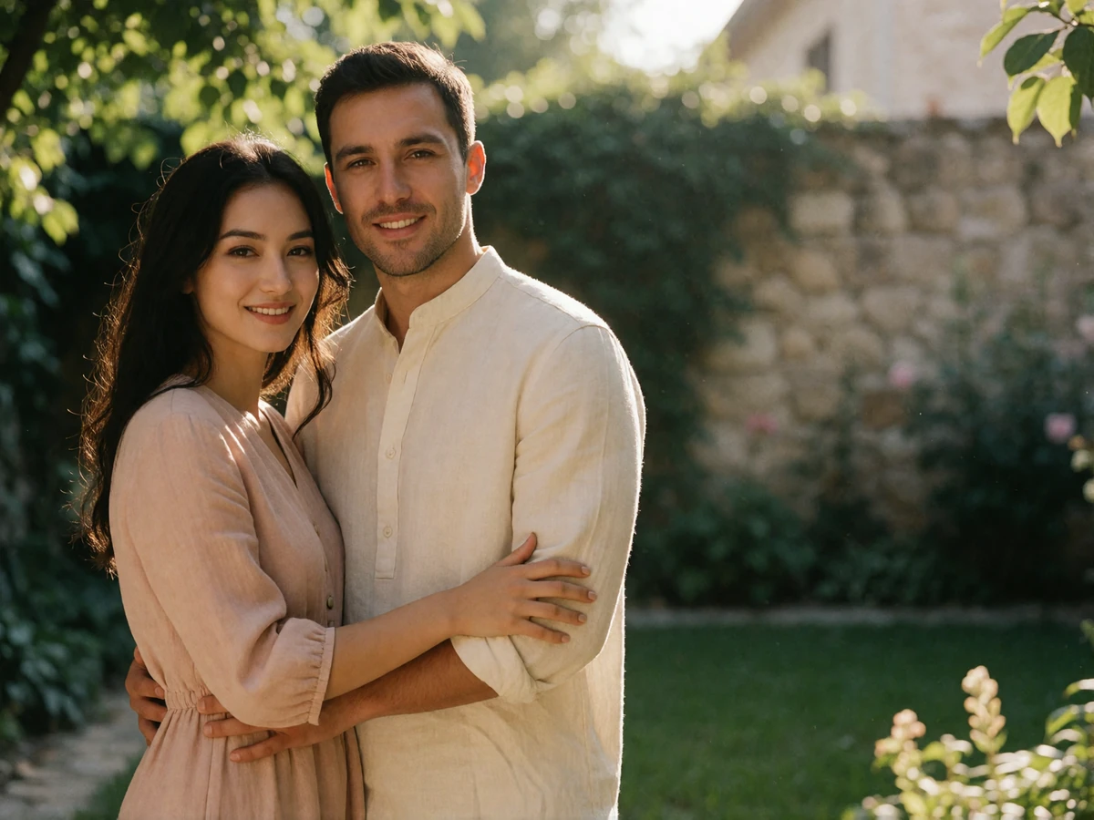 Kazakh woman and her partner standing close together in a sunlit garden courtyard, smiling naturally