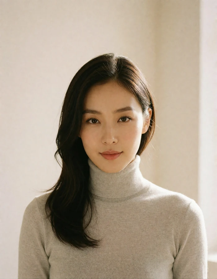 Korean woman in a pale grey turtleneck standing before a plain bright wall, looking calmly into the camera