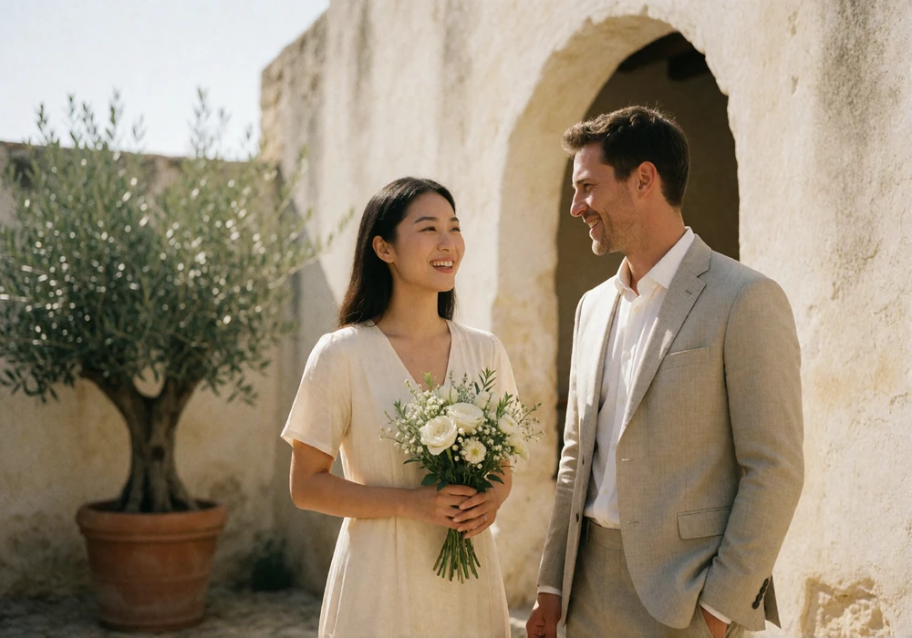 A couple stands together smiling in a sunlit stone courtyard