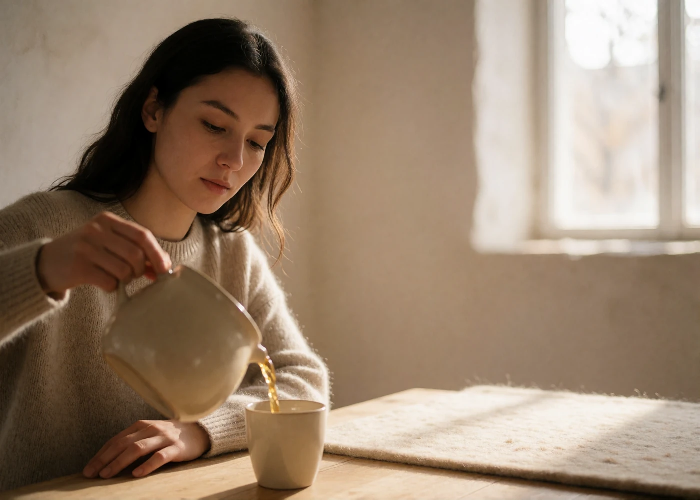 Kyrgyz woman pouring tea from a ceramic pot at a low wooden table in a bright minimalist interior
