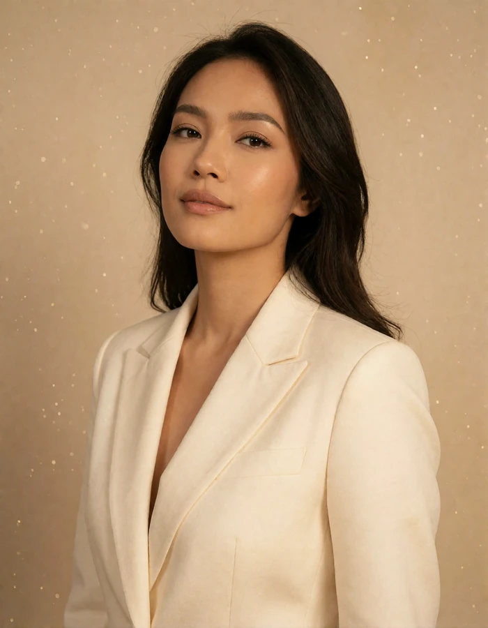 Thai woman in a tailored ivory blazer against a plain warm beige studio background
