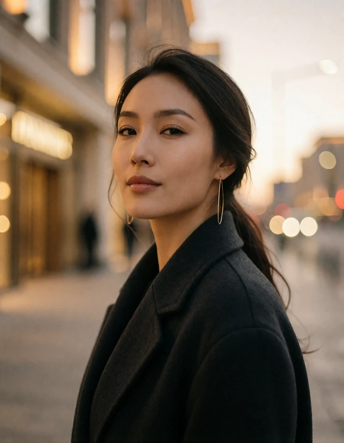 Mongolian woman in a deep charcoal coat with a quiet confident smile against a blurred evening city street