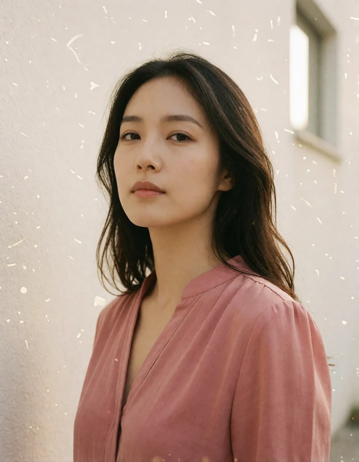 Korean woman in a muted rose blouse standing against a pale wall with a calm confident expression