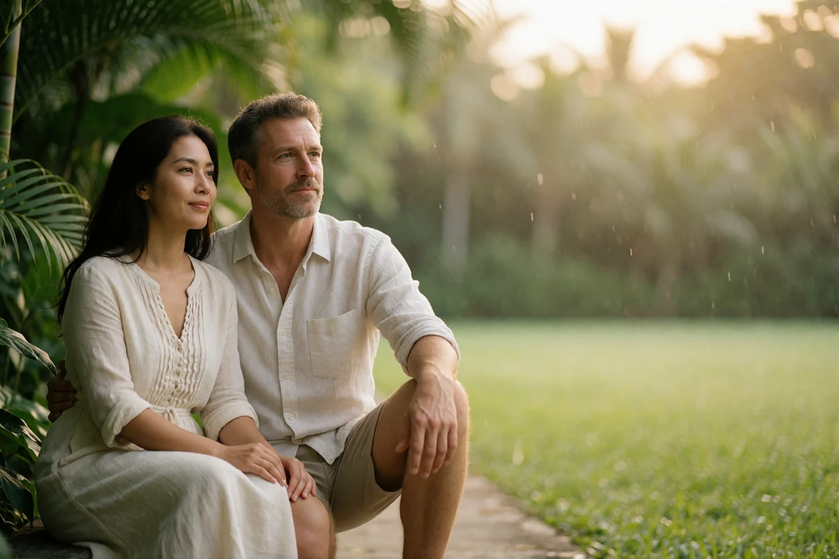 Couple walking through a lush tropical garden walkway in morning light with quiet contentment