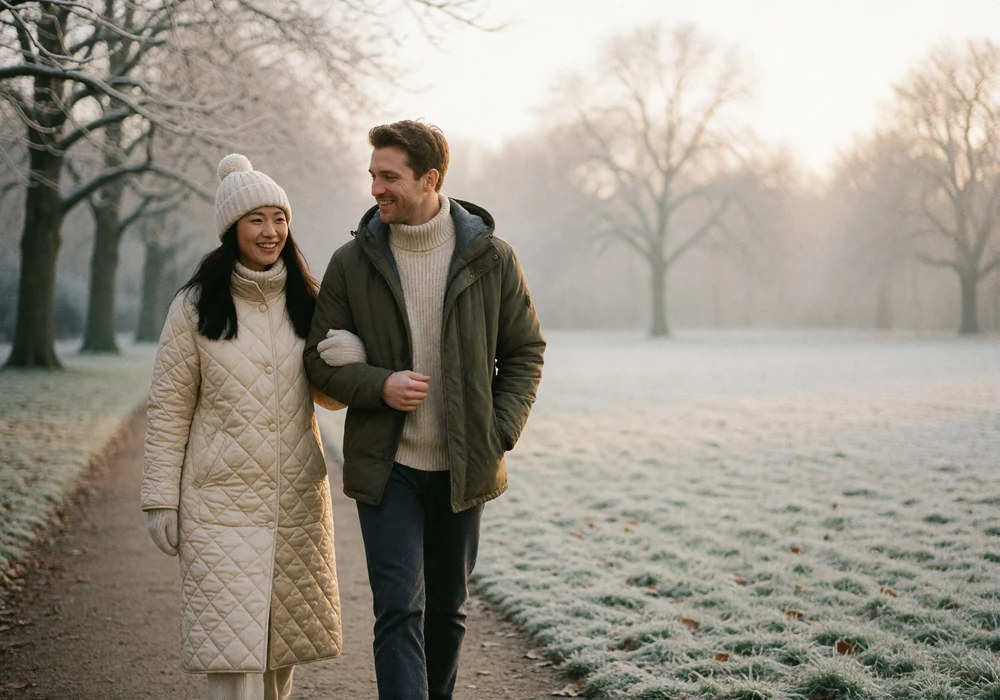Asian woman in a quilted coat walking arm in arm with her partner along a frost-touched winter park path