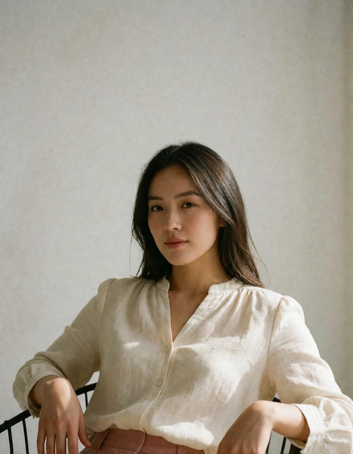 Mongolian woman in a cream linen blouse glancing toward the camera with a soft candid smile