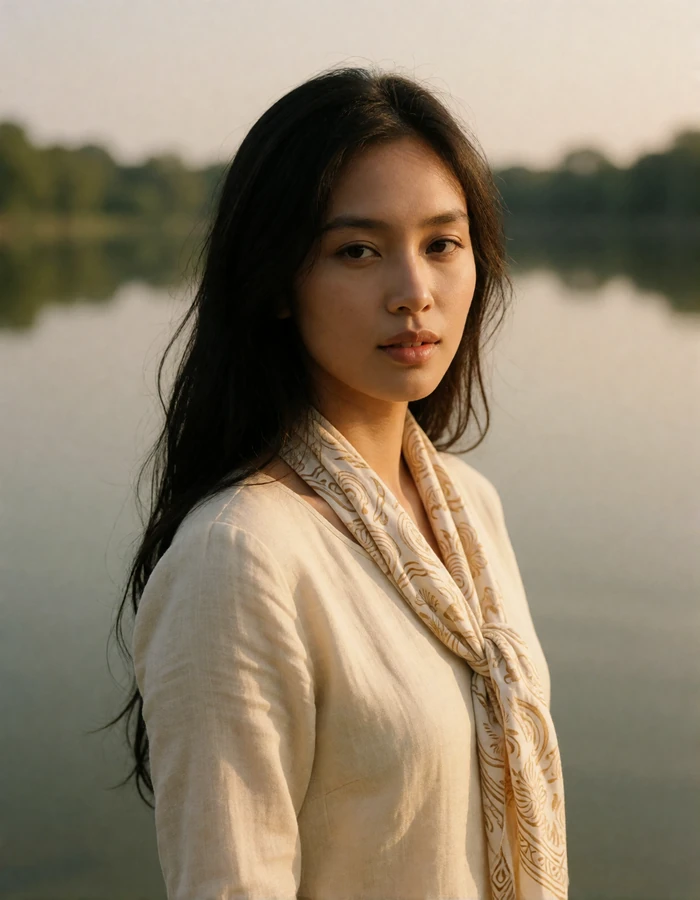 Burmese woman in a cream linen top with a patterned scarf standing beside a calm lake at golden hour