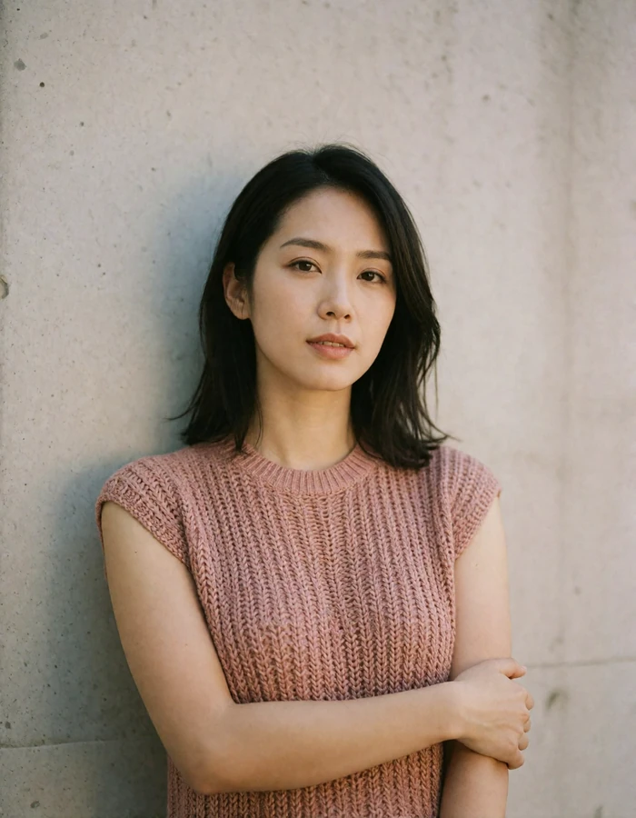 Taiwanese woman in a muted rose knit top standing calmly against a concrete wall