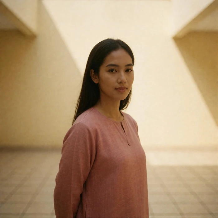 Bruneian woman in a muted rose modest tunic standing in a shaded tiled courtyard