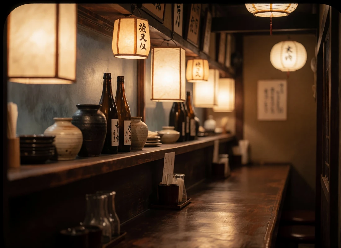 Interior of a traditional Japanese izakaya with a dark timber counter and warm paper-shaded lamps